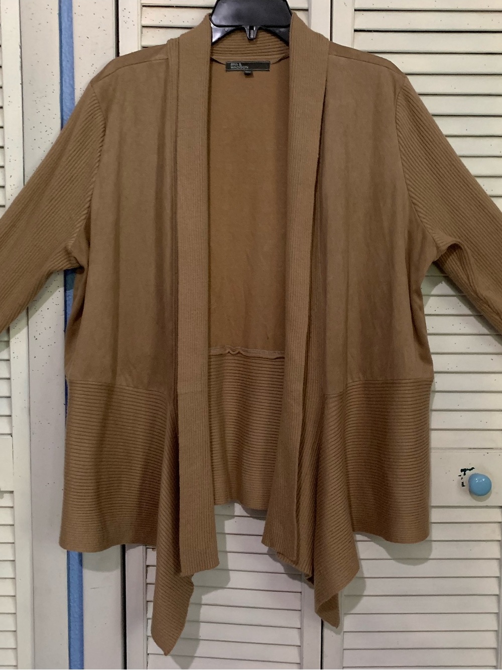 89th & Madison Suede Rib Knit Tan Open Front Draped Cardigan